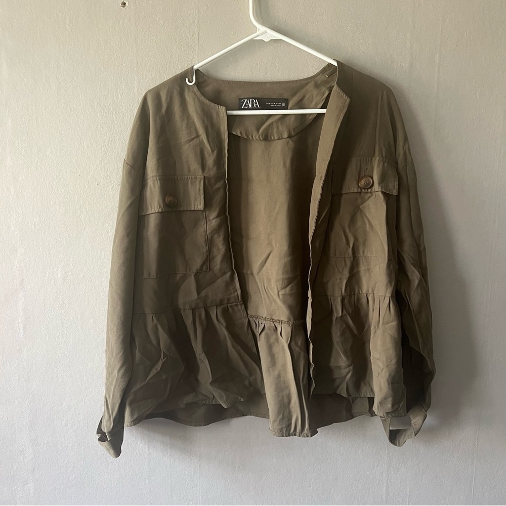 Zara Ruffle Military Green Cardigan Size M